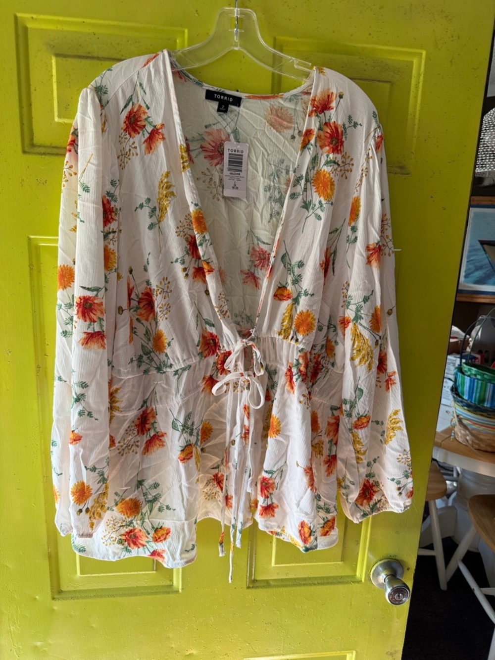 torrid White Floral Tie-Front cover up with Orange & Yellow Blooms